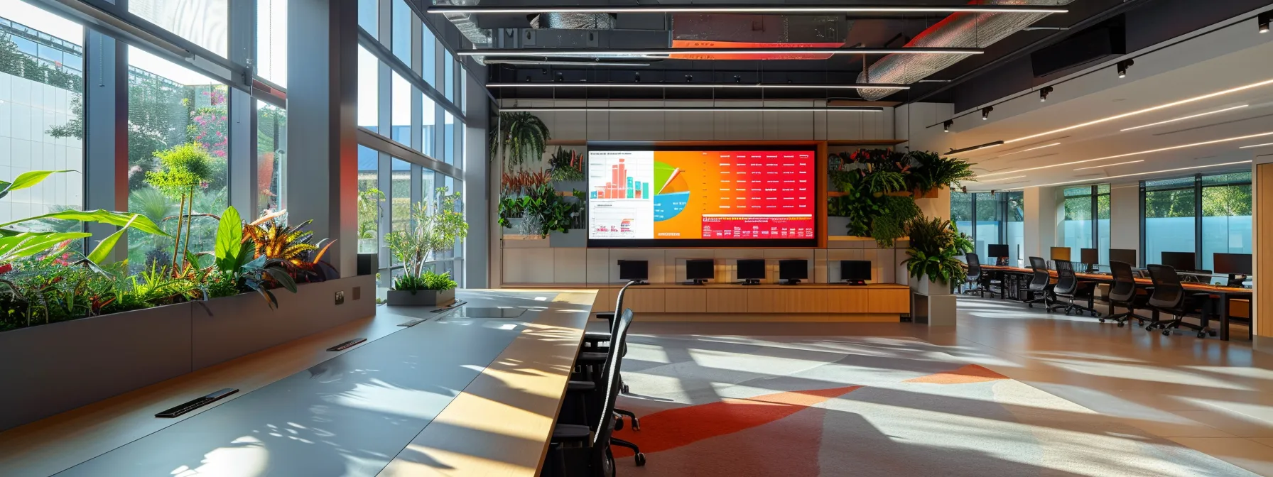 an informative office setting features a modern workspace with a large screen displaying analytical graphs and seo data, highlighting critical errors and strategies for improvement in search engine optimisation.