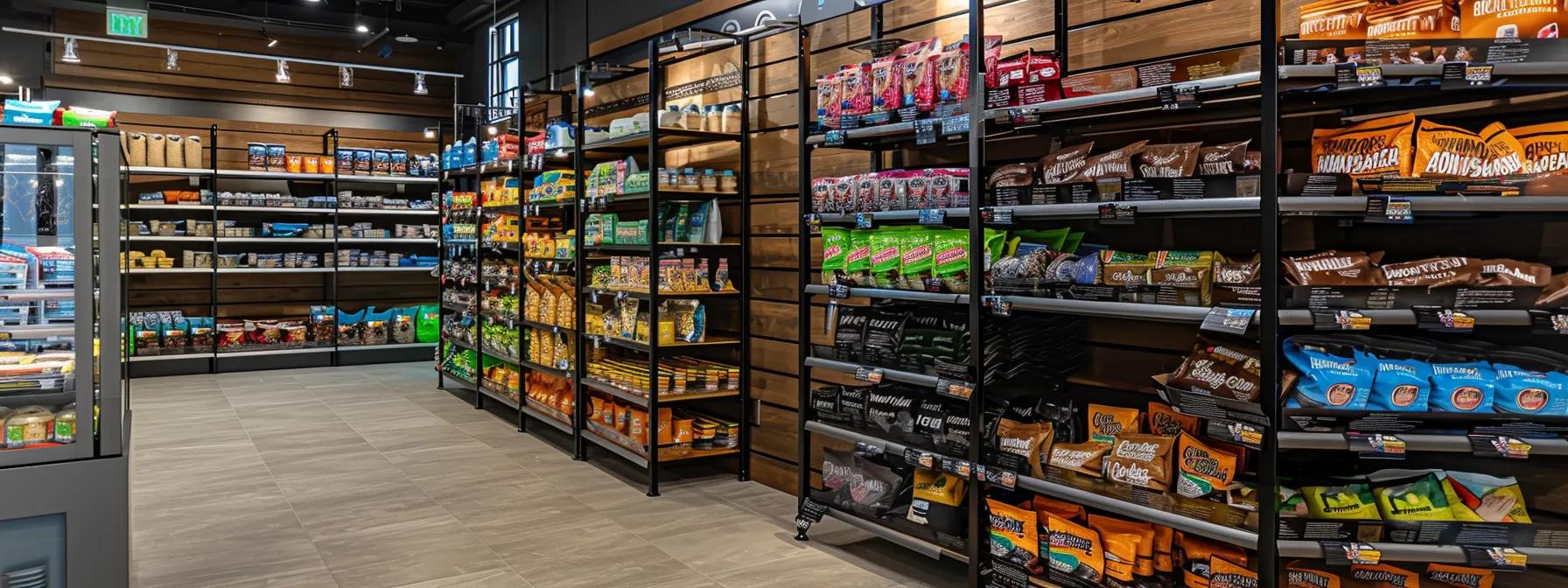 an informative urban pet store interior showcases vibrant, eye-catching premium dog food labels displayed prominently on sleek, modern shelves, inviting discerning pet owners to engage in the detailed decoding of nutritional information. an informative urban pet store interior showcases vibrant, eye-catching premium dog food labels displayed prominently on sleek, modern shelves, inviting discerning pet owners to engage in the detailed decoding of nutritional information.