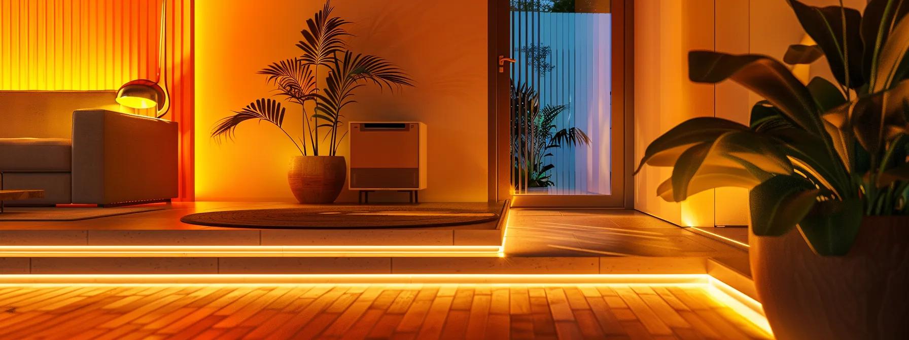 an innovative home interior showcases a sleek, modern living space equipped with advanced cooling technology, featuring stylish smart thermostats and energy-efficient air circulation systems, all bathed in warm ambient lighting to emphasize comfort and efficiency.