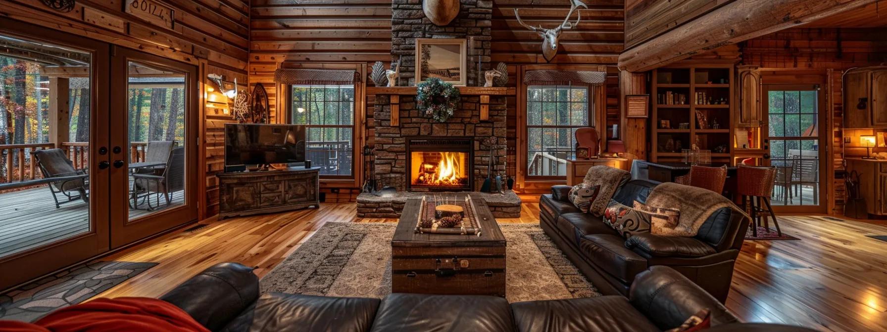an intimate and elegantly decorated lodge interior in blue ridge, georgia, featuring a cozy fireplace and plush seating, perfect for couples seeking a romantic getaway.