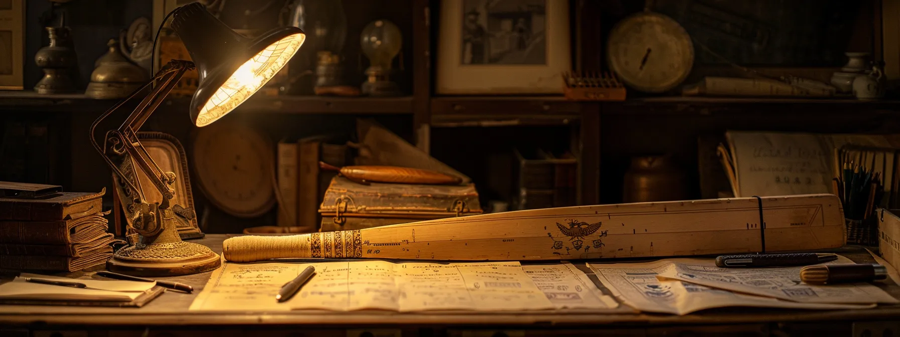 an intricately designed cricket bat displayed prominently on an antique wooden desk in a dimly lit office, surrounded by historical records and sketches that highlight the evolution and craftsmanship of the sport. an intricately designed cricket bat displayed prominently on an antique wooden desk in a dimly lit office, surrounded by historical records and sketches that highlight the evolution and craftsmanship of the sport.