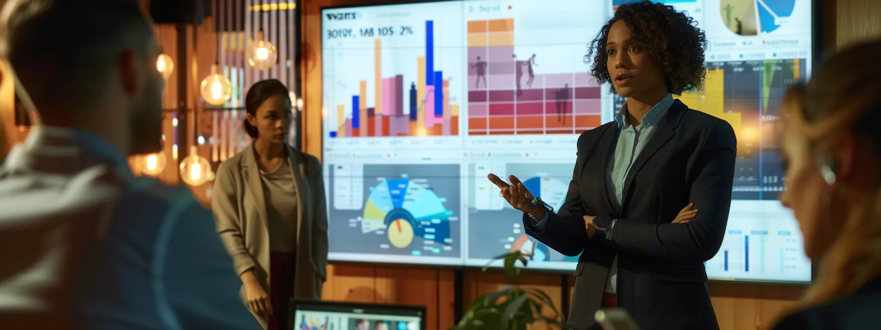 an intriguing office scene showcases a diverse group of professionals intently discussing digital marketing strategies, with a large screen displaying colorful graphs and statistics on local citations, emphasizing the critical role of accurate online listings for small business growth.