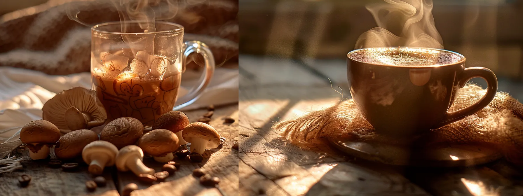 an inviting and vibrant coffee scene featuring a steaming cup of rich mushroom coffee beside a contrasting cup of traditional coffee, framed by earthy tones and illuminated by soft, warm sunlight to highlight the unique natural ingredients and their health benefits.