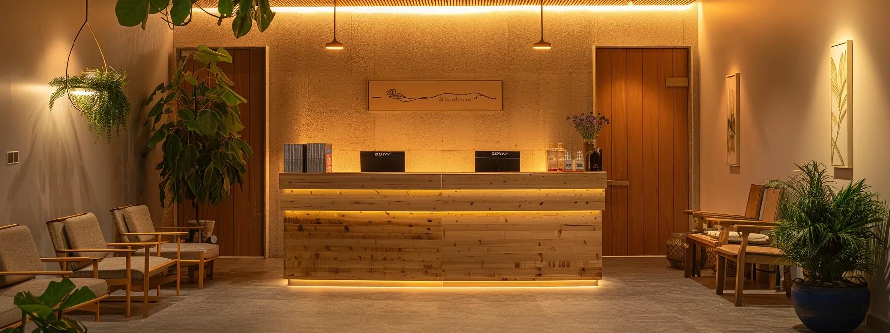 an inviting ayurvedic clinic reception, featuring a warm and modern interior with comfortable seating, a desk adorned with health literature, and serene lighting, setting the stage for a holistic consultation experience. an inviting ayurvedic clinic reception, featuring a warm and modern interior with comfortable seating, a desk adorned with health literature, and serene lighting, setting the stage for a holistic consultation experience.