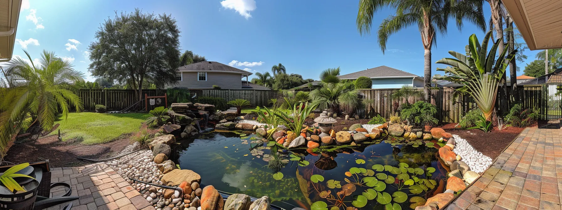 an inviting backyard oasis in kissimmee, florida showcases a beautifully designed water feature surrounded by meticulously landscaped gardens, embodying a serene retreat perfect for relaxation and tranquility. an inviting backyard oasis in kissimmee, florida showcases a beautifully designed water feature surrounded by meticulously landscaped gardens, embodying a serene retreat perfect for relaxation and tranquility.