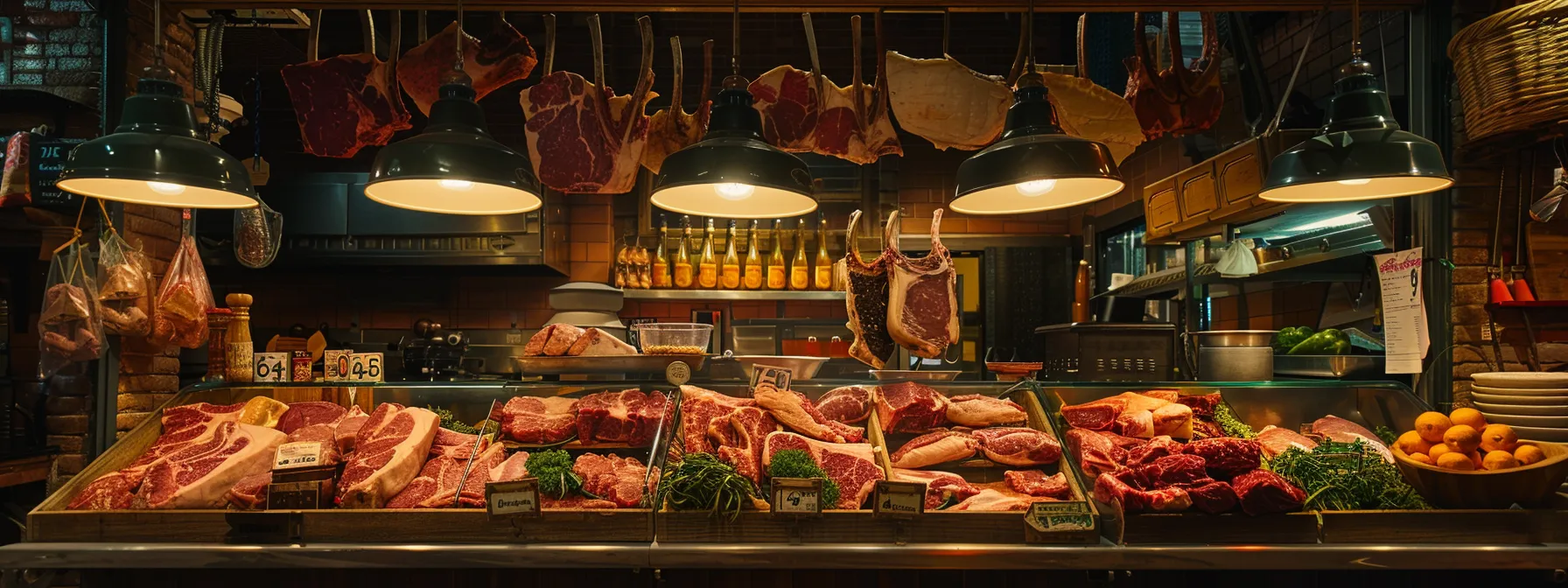 an inviting butcher shop interior showcases a neatly arranged display of various meat cuts from a half side of beef, featuring classic steaks, roasts, and specialty selections, all under warm, overhead lighting that highlights the rich textures and colors of the fresh meat. an inviting butcher shop interior showcases a neatly arranged display of various meat cuts from a half side of beef, featuring classic steaks, roasts, and specialty selections, all under warm, overhead lighting that highlights the rich textures and colors of the fresh meat.