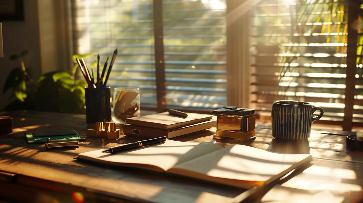 an inviting coastal-inspired workspace features an array of premium fountain pens and elegant stationery, bathed in warm sunlight as they await the creative expression of a budding writer. an inviting coastal-inspired workspace features an array of premium fountain pens and elegant stationery, bathed in warm sunlight as they await the creative expression of a budding writer.