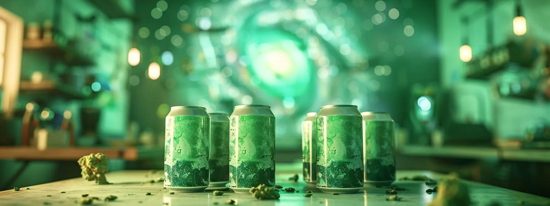 an inviting indoor setting features elegantly arranged cans of anomaly's thc-infused seltzers, set against a vibrant backdrop of swirling green nebulas and planetary systems, evoking a sense of controlled enjoyment and responsible consumption. an inviting indoor setting features elegantly arranged cans of anomaly's thc-infused seltzers, set against a vibrant backdrop of swirling green nebulas and planetary systems, evoking a sense of controlled enjoyment and responsible consumption.