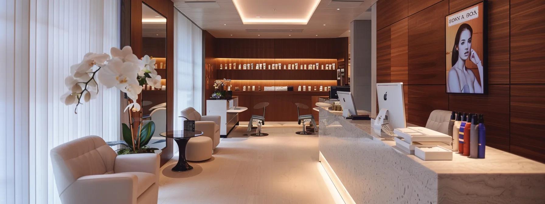 an inviting interior of the NY Brow & Threading Salon on nassau street showcases its sleek, modern design with elegant furnishings and warm lighting, providing a serene ambiance for clients seeking expert eyebrow shaping in the heart of lower manhattan.