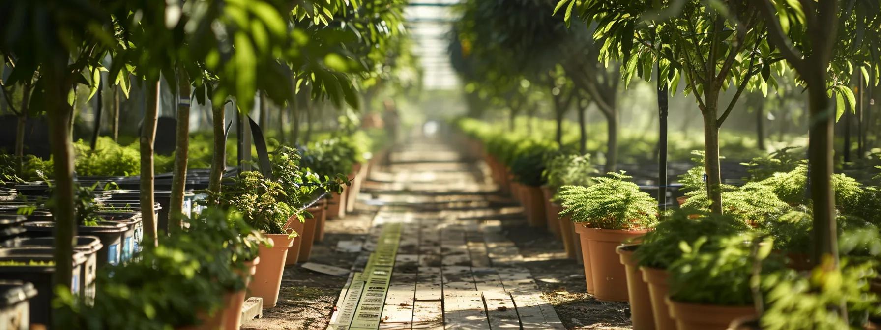 an inviting interior view of a well-organized tree nursery, featuring rows of healthy trees in vibrant pots, with knowledgeable staff engaging customers in discussion about sustainable practices and certification documents displayed prominently on a nearby table. an inviting interior view of a well-organized tree nursery, featuring rows of healthy trees in vibrant pots, with knowledgeable staff engaging customers in discussion about sustainable practices and certification documents displayed prominently on a nearby table.