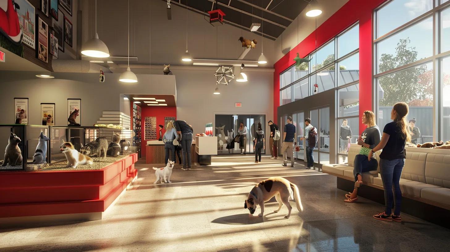 an inviting, modern animal shelter lobby showcases a well-lit adoption area filled with eager pets and engaged visitors, emphasizing the warmth of community and the rewarding experience of rescuing animals in need. an inviting, modern animal shelter lobby showcases a well-lit adoption area filled with eager pets and engaged visitors, emphasizing the warmth of community and the rewarding experience of rescuing animals in need.