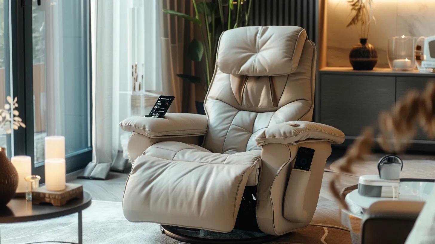 an inviting, modern living room adorned with soothing decor, featuring a plush recliner, a sleek tech gadget on a stylish coffee table, and a luxurious spa setup in the background, creating a warm atmosphere that embodies relaxation and thoughtful gifting for dad.