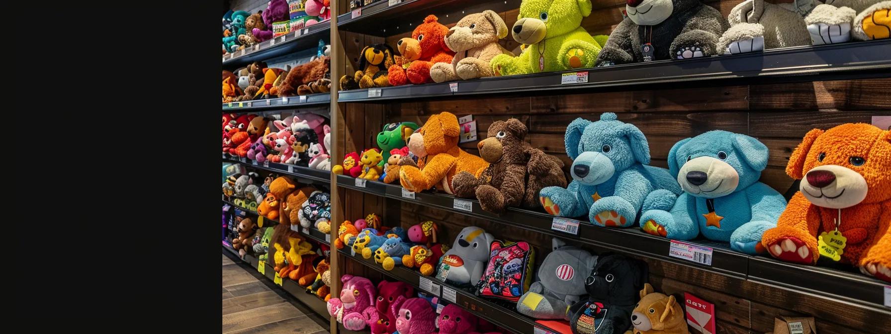 an inviting modern pet store interior showcases an array of vibrant, durable stuffed dog toys displayed prominently on shelves, emphasizing their resilience and playful design, with a focused spotlight enhancing the engaging colors and textures. an inviting modern pet store interior showcases an array of vibrant, durable stuffed dog toys displayed prominently on shelves, emphasizing their resilience and playful design, with a focused spotlight enhancing the engaging colors and textures.