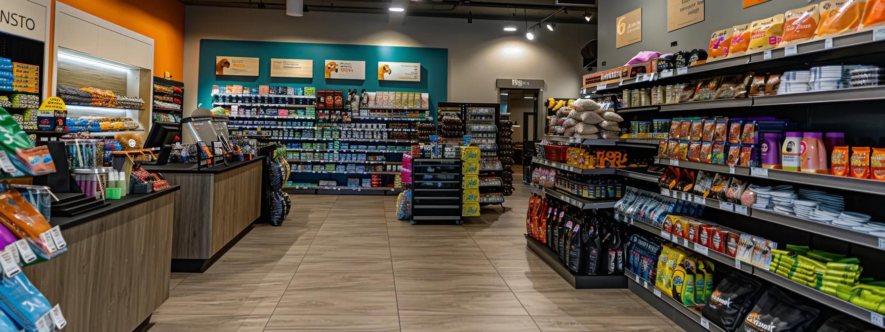 an inviting, modern pet supply store interior features vibrant displays of premium pet products, including gourmet pet food, innovative grooming tools, and a selection of colorful toys, all enhanced by bright, warm lighting to emphasize a welcoming shopping experience for pet owners. an inviting, modern pet supply store interior features vibrant displays of premium pet products, including gourmet pet food, innovative grooming tools, and a selection of colorful toys, all enhanced by bright, warm lighting to emphasize a welcoming shopping experience for pet owners.
