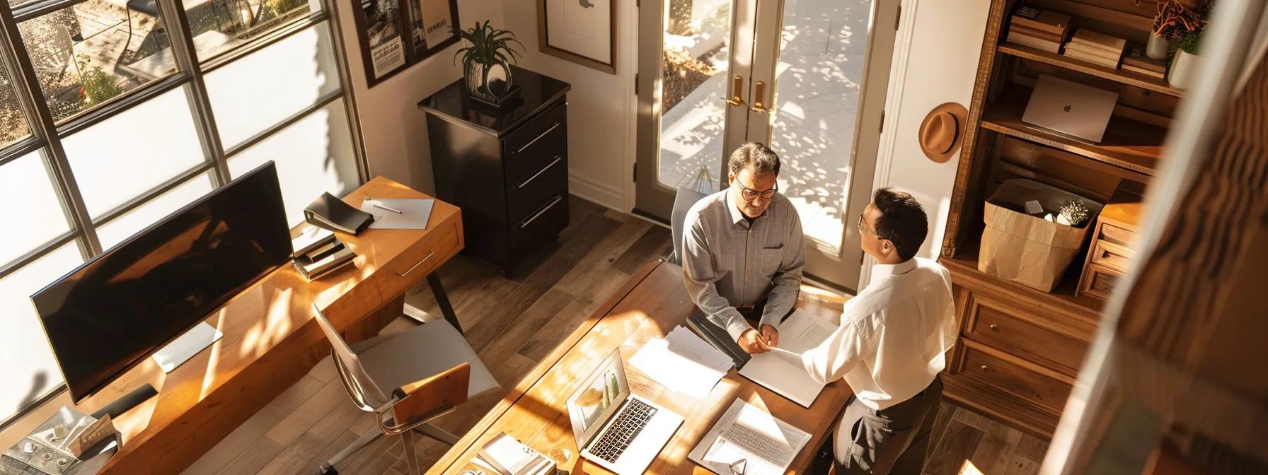 an inviting office environment showcases a professional roofing inspector engaged in a detailed discussion with a satisfied homeowner, illuminated by warm, ambient lighting that emphasizes the clarity and importance of the free inspection service.