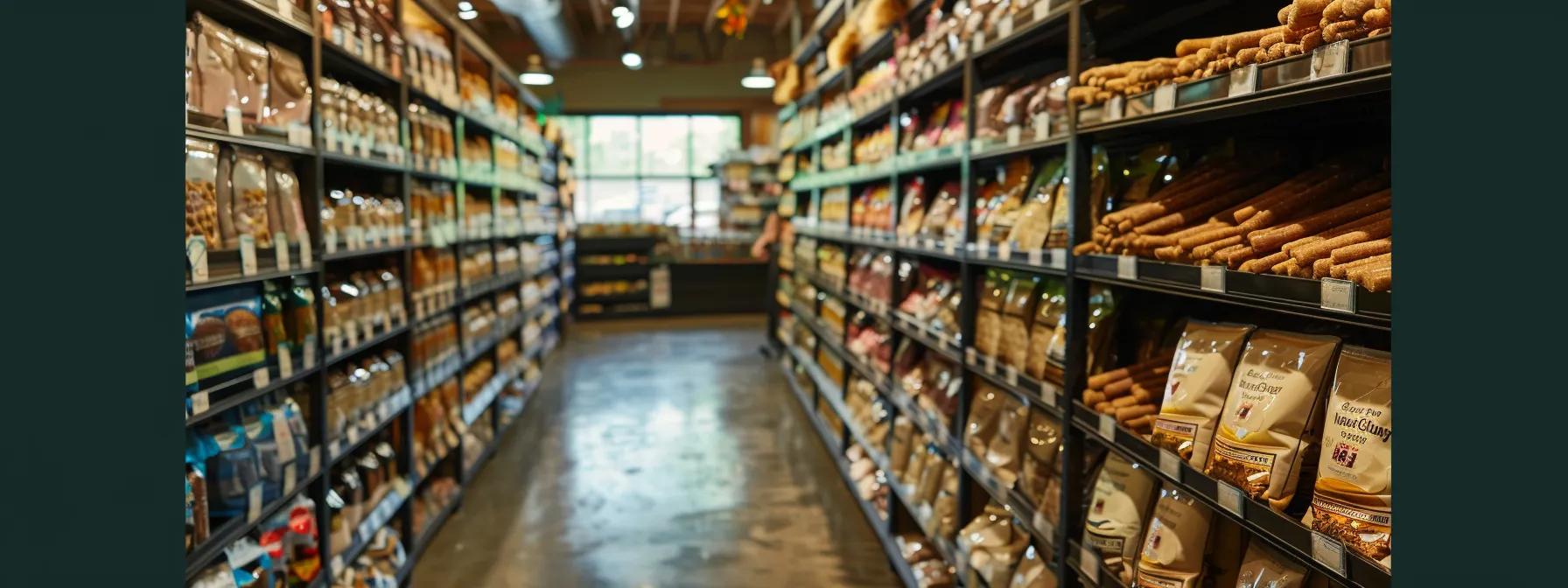 an inviting pet store aisle showcases an array of premium, high-quality bully sticks prominently displayed on neatly arranged shelves, highlighting the product’s appeal to discerning dog owners. an inviting pet store aisle showcases an array of premium, high-quality bully sticks prominently displayed on neatly arranged shelves, highlighting the product’s appeal to discerning dog owners.