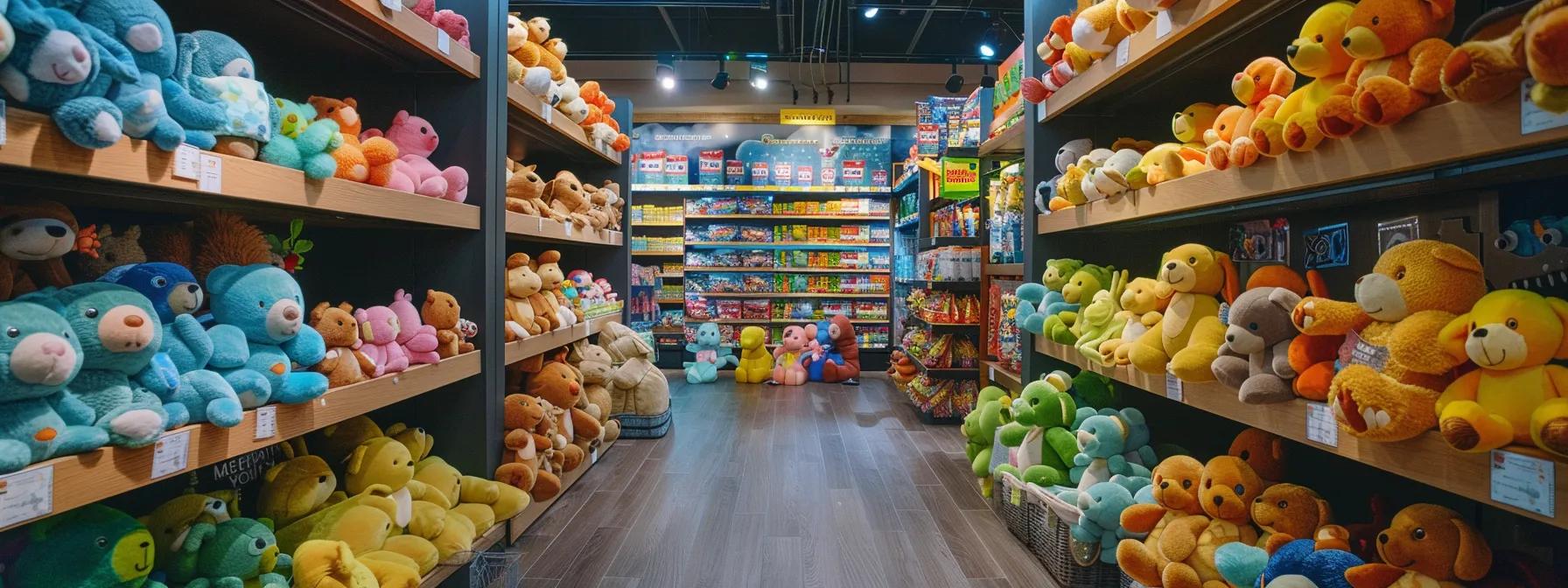 an inviting pet store aisle showcases a vibrant array of plush squeaky dog toys in various shapes and sizes, emphasizing safety and durability while appealing to the playful nature of dogs. an inviting pet store aisle showcases a vibrant array of plush squeaky dog toys in various shapes and sizes, emphasizing safety and durability while appealing to the playful nature of dogs.