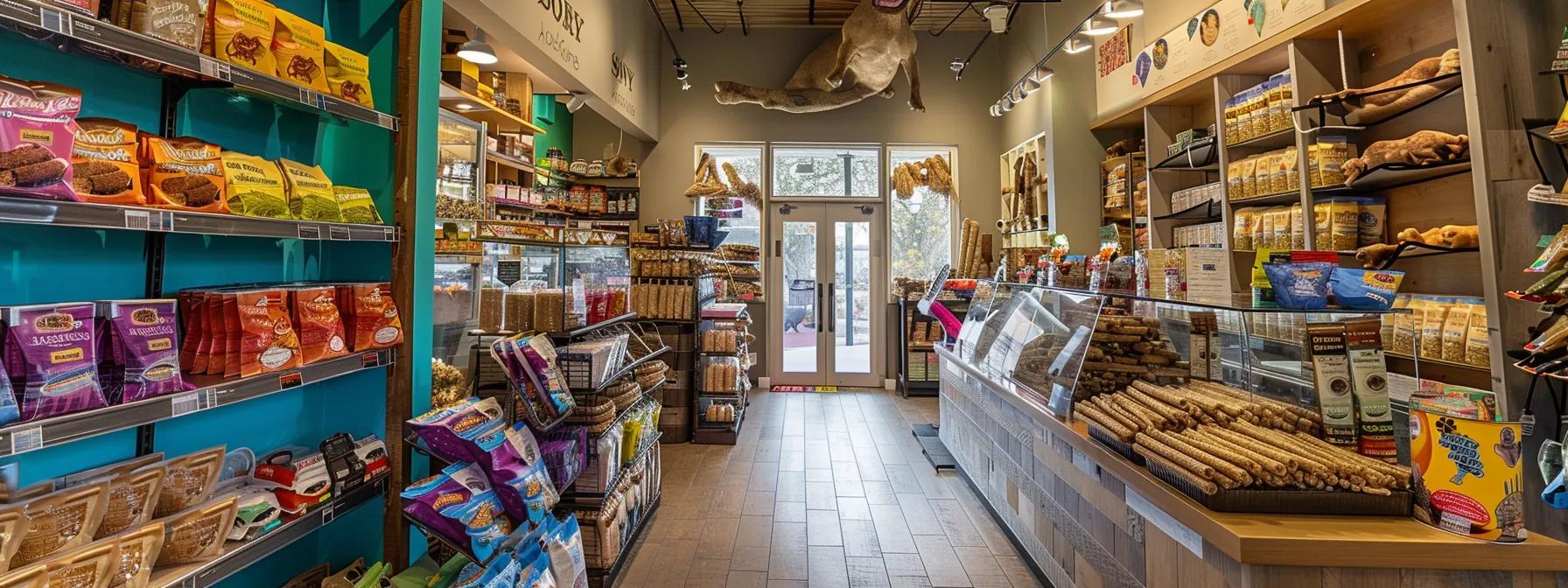 an inviting pet supply shop interior showcases a vibrant display of various bully sticks, prominently featuring different sizes and packaging, with a clear emphasis on transparency and quality certifications, creating a warm and informative shopping ambiance for dog owners. an inviting pet supply shop interior showcases a vibrant display of various bully sticks, prominently featuring different sizes and packaging, with a clear emphasis on transparency and quality certifications, creating a warm and informative shopping ambiance for dog owners.