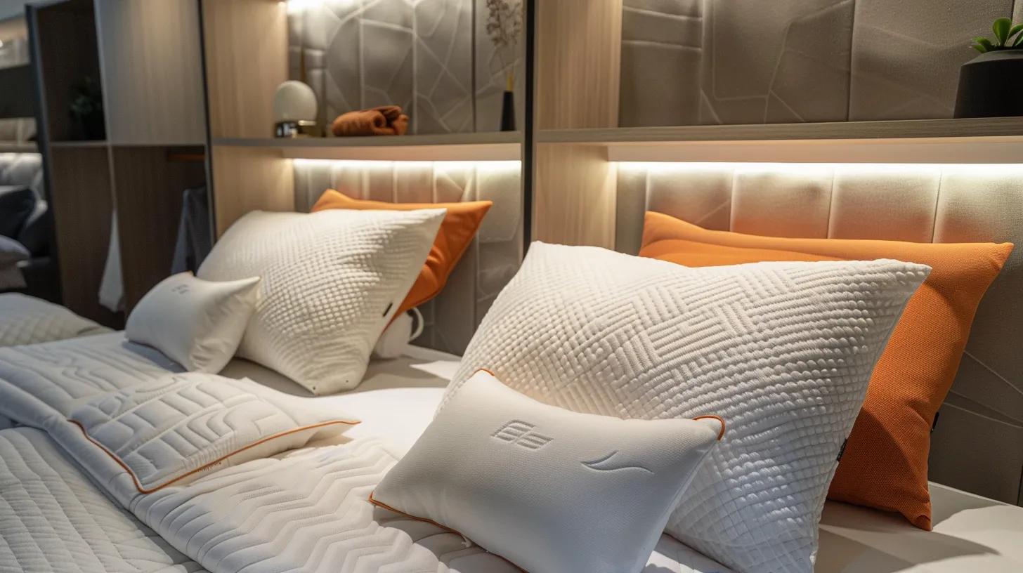 an inviting showroom displays a selection of pillows arranged on elegant beds, with sleep position diagrams and pressure-mapping devices prominently featured, showcasing the ergonomic benefits tailored for side, back, and stomach sleepers. an inviting showroom displays a selection of pillows arranged on elegant beds, with sleep position diagrams and pressure-mapping devices prominently featured, showcasing the ergonomic benefits tailored for side, back, and stomach sleepers.