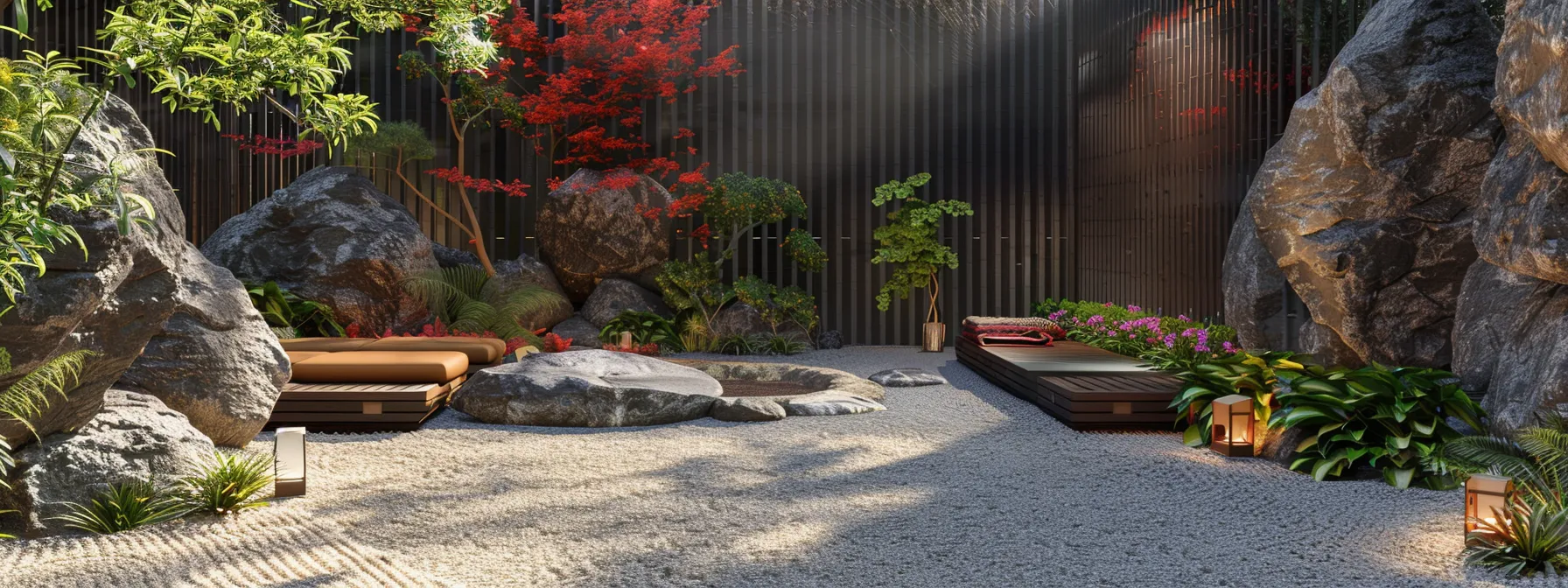 an inviting small garden features carefully arranged vertical boulders alongside minimalist raised beds, with vibrant plants creating striking focal points against the earthy stone palette, all set within a modern urban landscape.