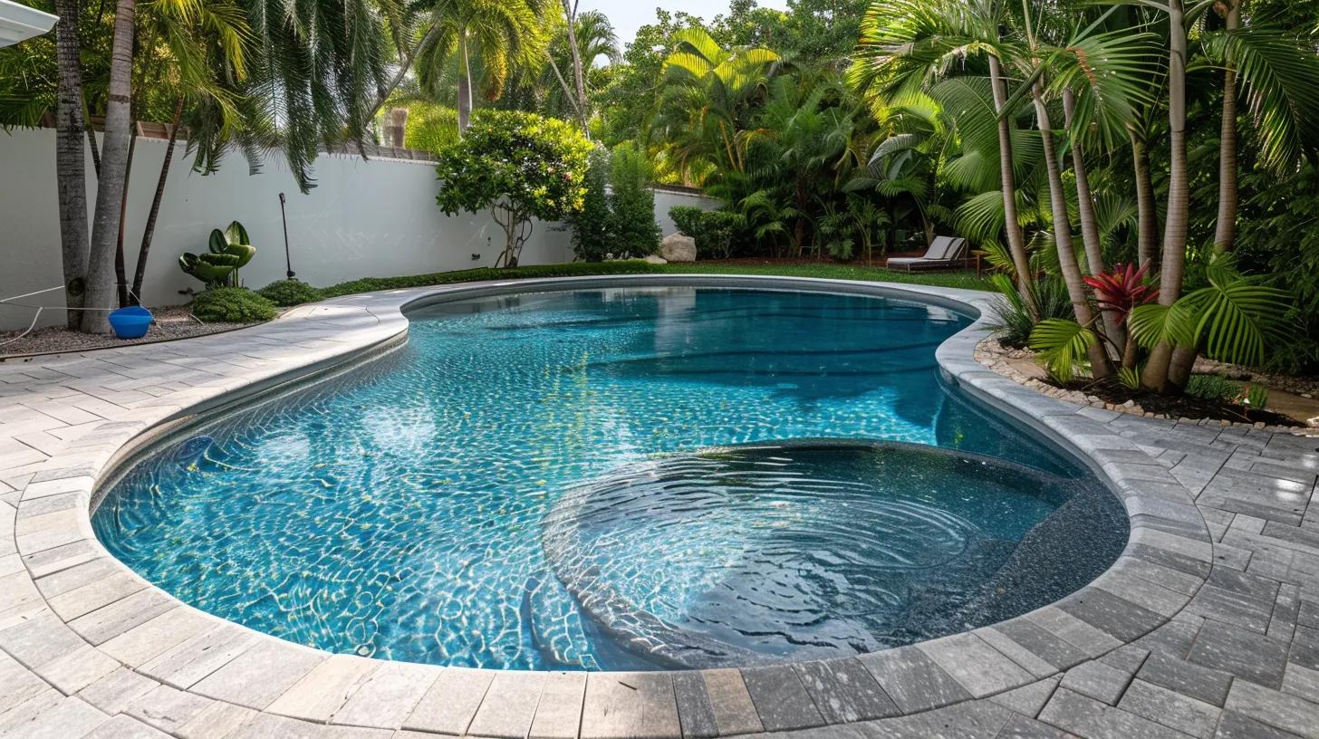 an inviting, sparkling swimming pool is showcased within a sleek, modern backyard setting, with a professional technician expertly testing water quality and adjusting chemicals, emphasizing the expertise of local pool cleaning services.