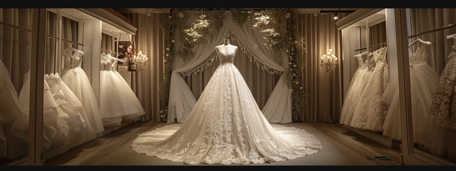 an opulent bridal boutique showcases a stunning modest wedding gown adorned with intricate lace patterns, elegantly displayed on a sleek mannequin against a backdrop of refined, minimalist decor and soft, ambient lighting. an opulent bridal boutique showcases a stunning modest wedding gown adorned with intricate lace patterns, elegantly displayed on a sleek mannequin against a backdrop of refined, minimalist decor and soft, ambient lighting.