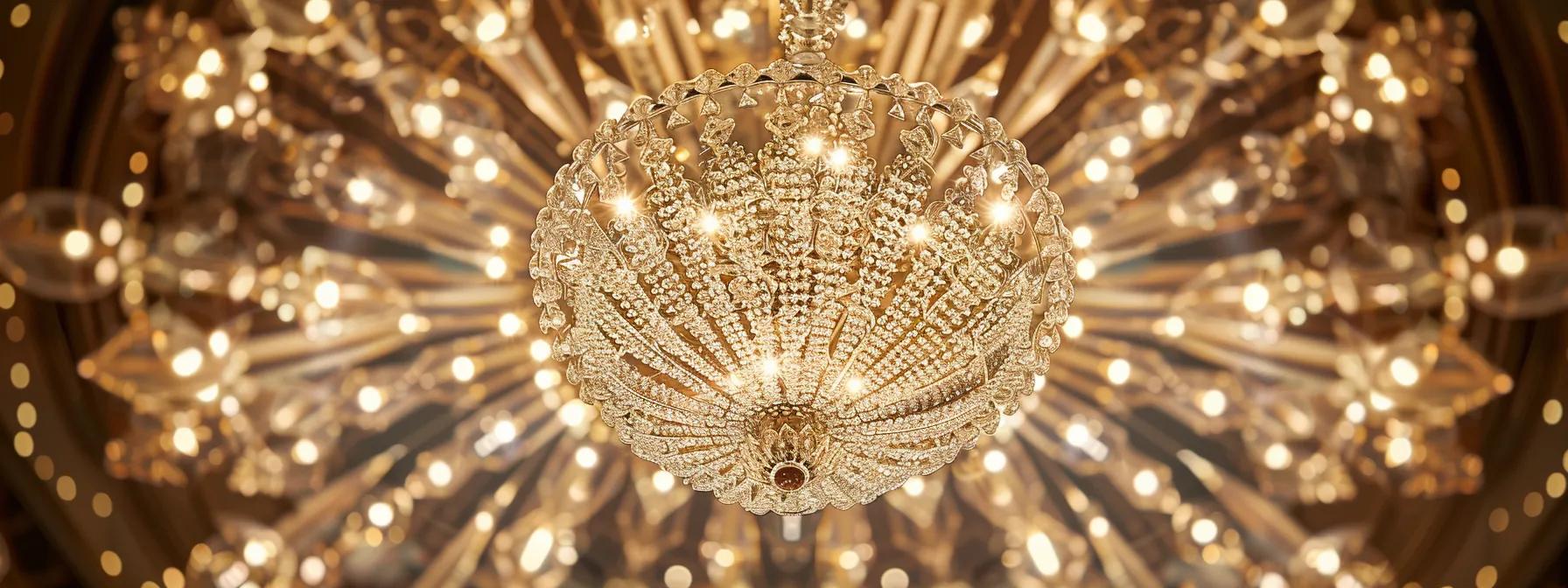 an opulent event hall adorned with a stunning crystal chandelier suspended from a high ceiling, casting intricate patterns of light on elegantly set tables, exemplifying sophistication and luxury.
