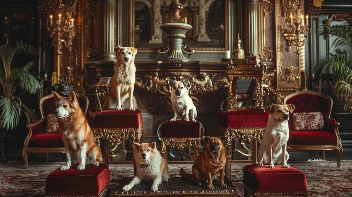 an opulent indoor showcase featuring several exquisite, high-breed dogs poised elegantly on plush velvet pedestals against a backdrop of rich, sophisticated decor, highlighting their luxurious stature and pedigree. an opulent indoor showcase featuring several exquisite, high-breed dogs poised elegantly on plush velvet pedestals against a backdrop of rich, sophisticated decor, highlighting their luxurious stature and pedigree.