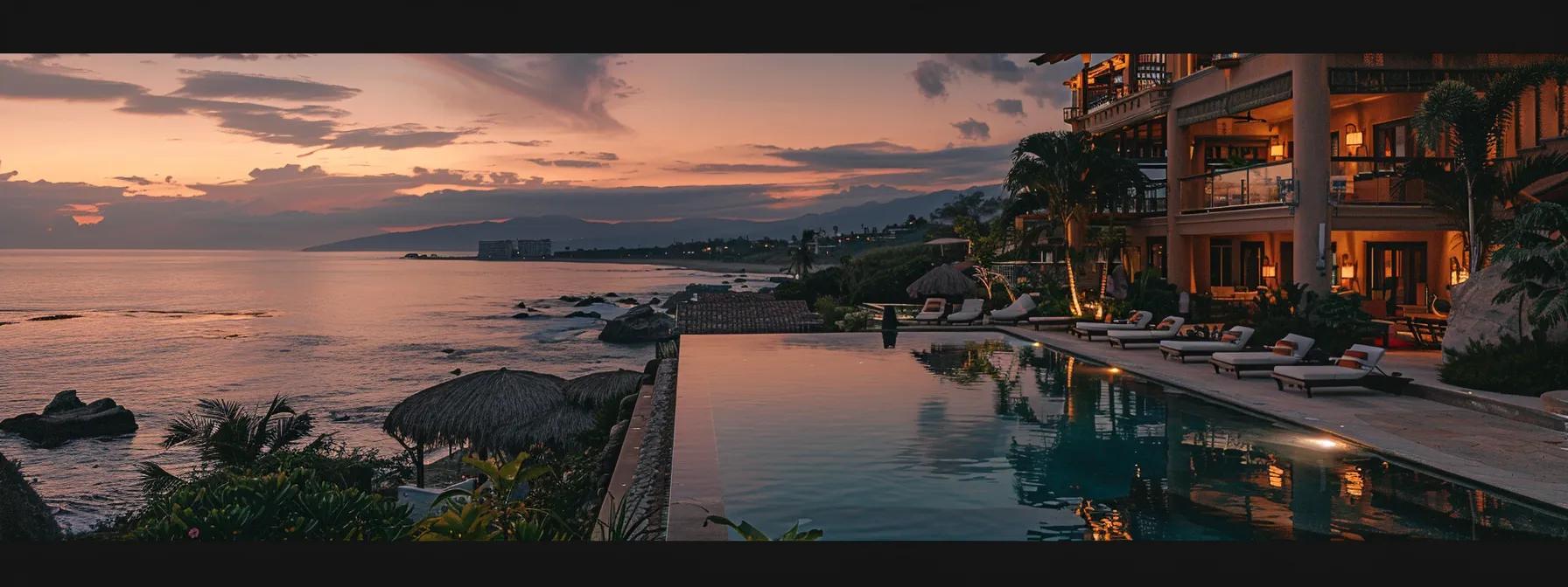 an opulent punta mita luxury villa stands elegantly against a twilight sky, showcasing its distinctive architectural features and sophisticated design elements, with plush outdoor seating and a shimmering infinity pool that reflects the warm, ambient lighting of the property.