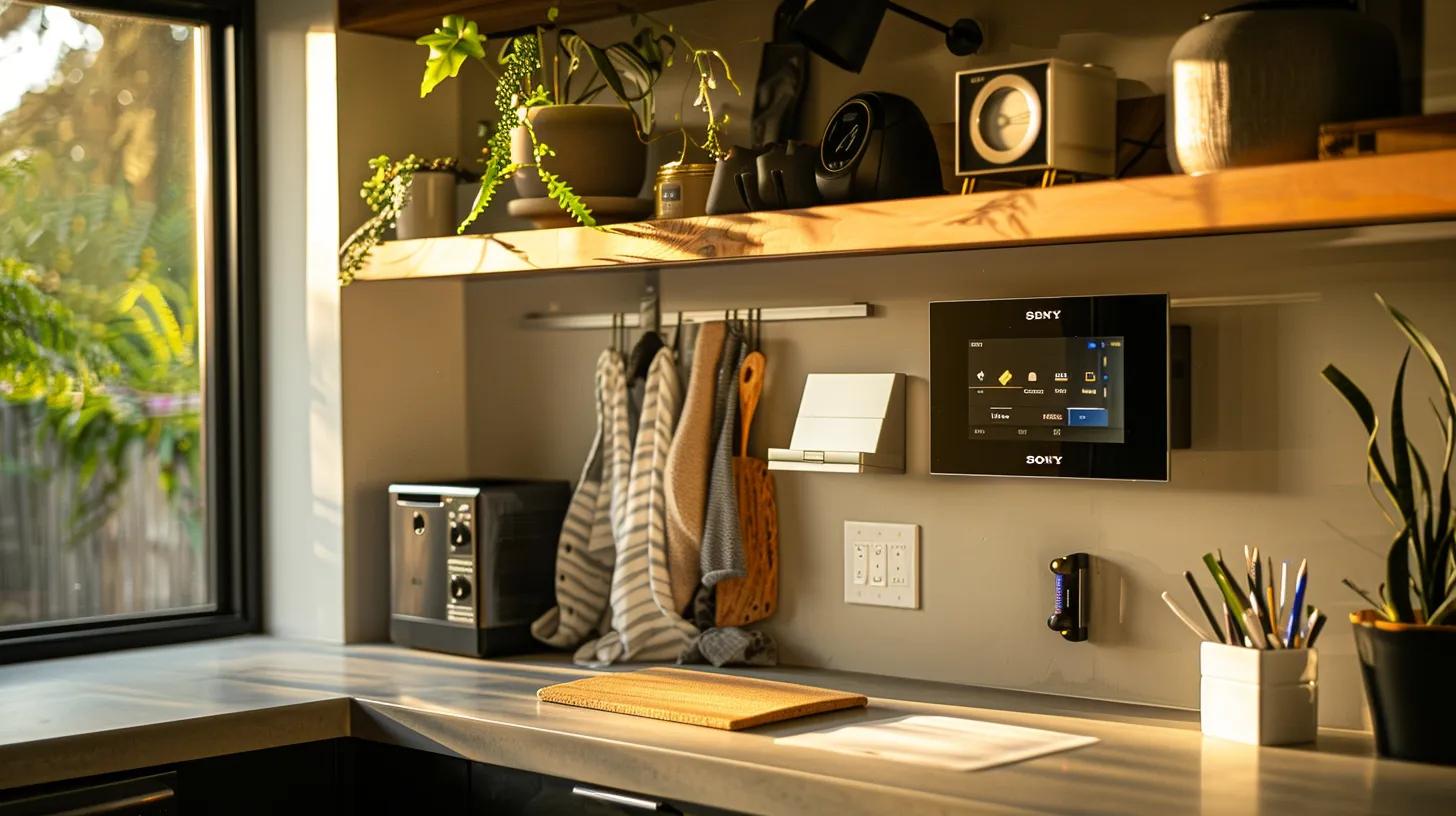 an organized and modern home office showcases a sleek thermostat display, unplugged appliances lined against a stylish countertop, and a clear view of a shut-off water valve, emphasizing the importance of managing utilities before leaving for an extended trip.