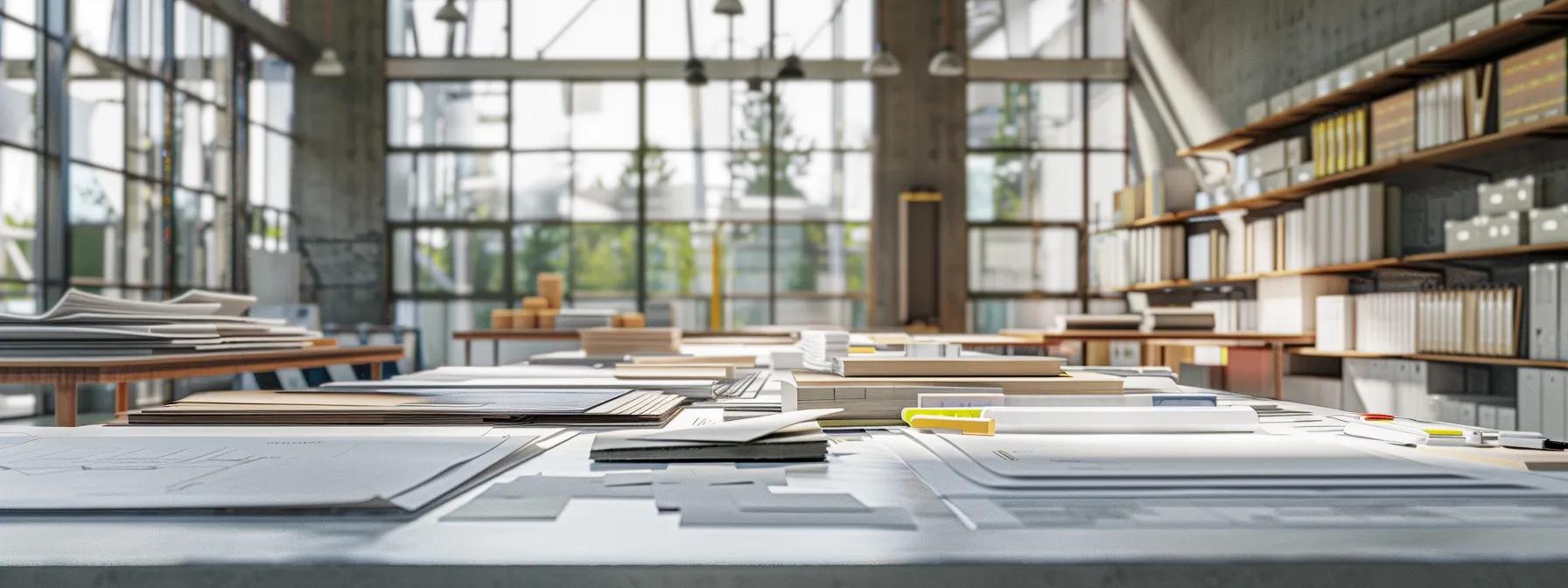 an organized and modern office space showcases a large table covered with detailed roofing materials samples, cost estimate charts, and professional blueprints, emphasizing the importance of informed decision-making in roof replacement projects.