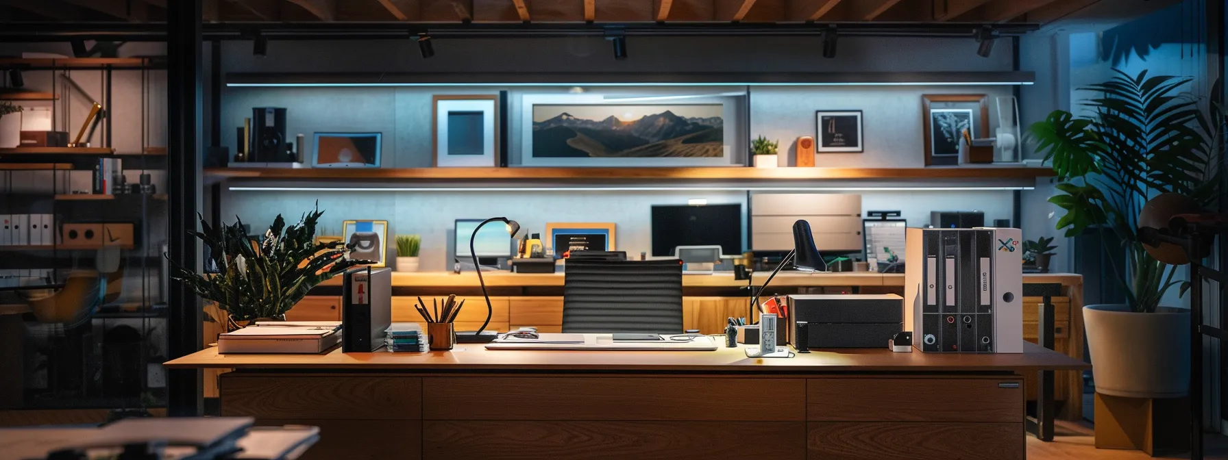 an organized and modern office space showcases the hs407c x2 prominently on a sleek desk, illuminated by focused overhead lighting, with tools and materials neatly arranged for an efficient battery replacement process.