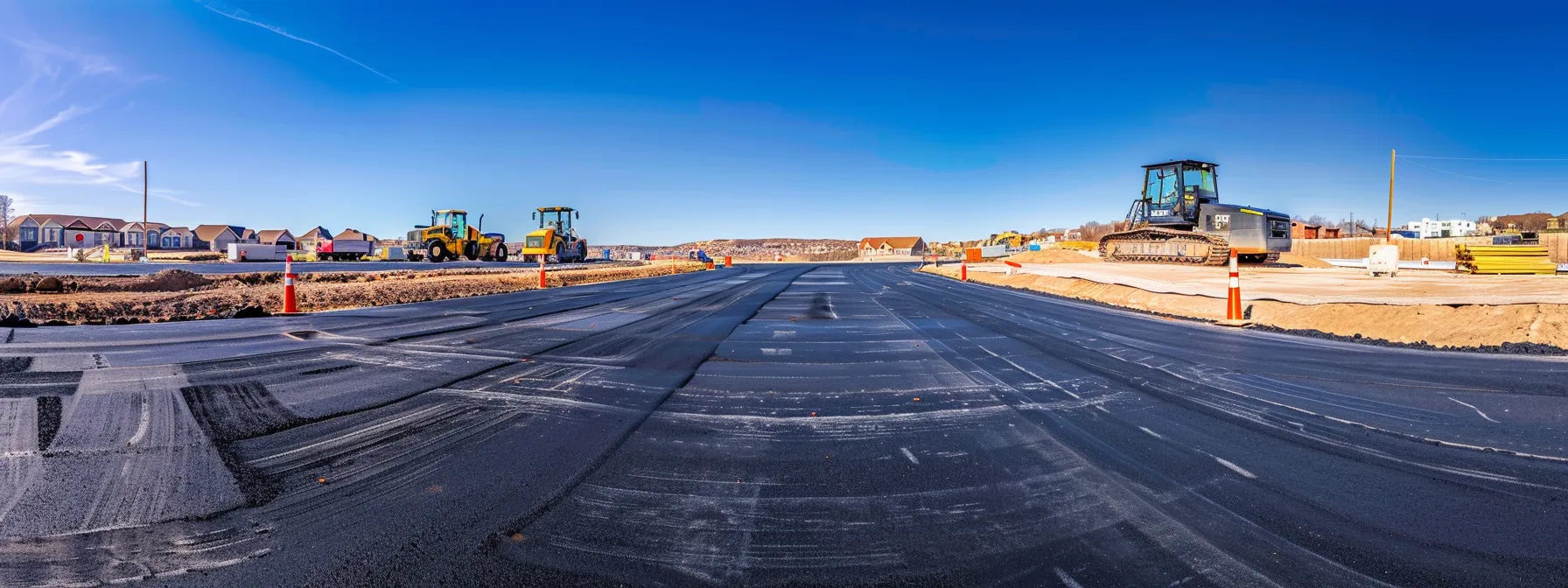 an organized construction site setup displays a prominently marked asphalt paving area, complete with architectural plans, safety cones, and essential machinery, all under a clear blue sky to emphasize meticulous preparation for a successful project.
