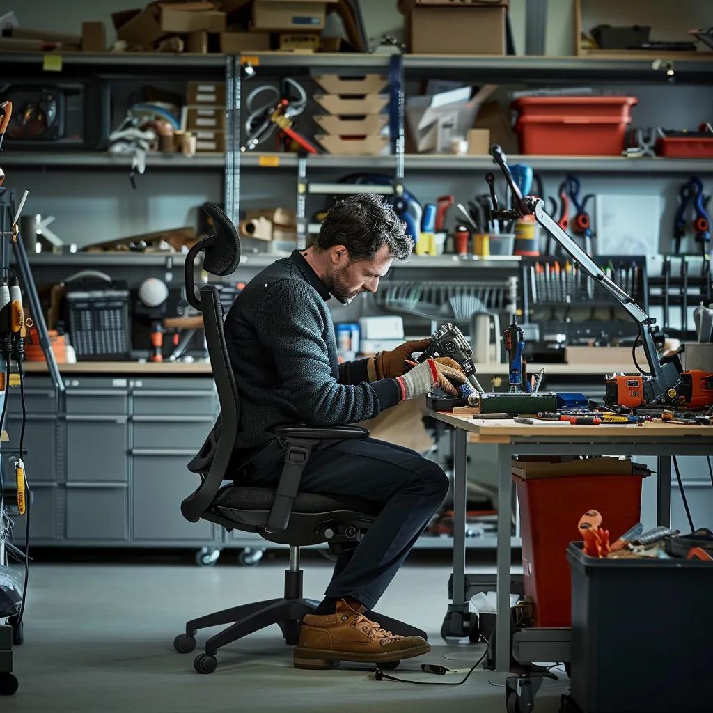 an organized office workspace showcases a skilled technician meticulously repairing an ergonomic office chair, surrounded by tools and spare parts, highlighting the theme of extending furniture longevity in a modern corporate environment.