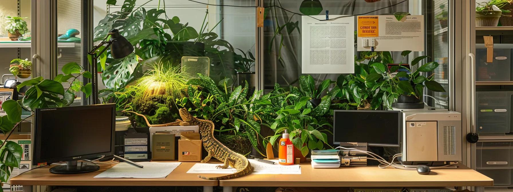 an organized reptile habitat setup within a modern, well-lit office environment, featuring high-tech humidity monitoring equipment and detailed charts illustrating optimal humidity levels, emphasizes the importance of precise care in maintaining healthy conditions for reptiles. an organized reptile habitat setup within a modern, well-lit office environment, featuring high-tech humidity monitoring equipment and detailed charts illustrating optimal humidity levels, emphasizes the importance of precise care in maintaining healthy conditions for reptiles.