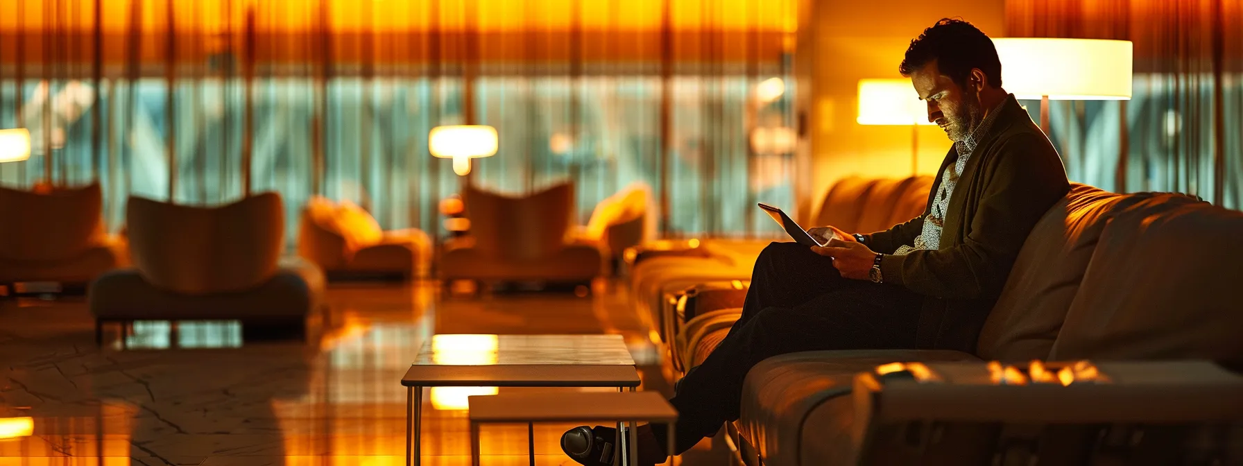 an organized traveler reviews a digital itinerary on a sleek tablet in a modern airport lounge, surrounded by stylish seating and ambient lighting, radiating a sense of confident preparation for a seamless journey to punta cana.