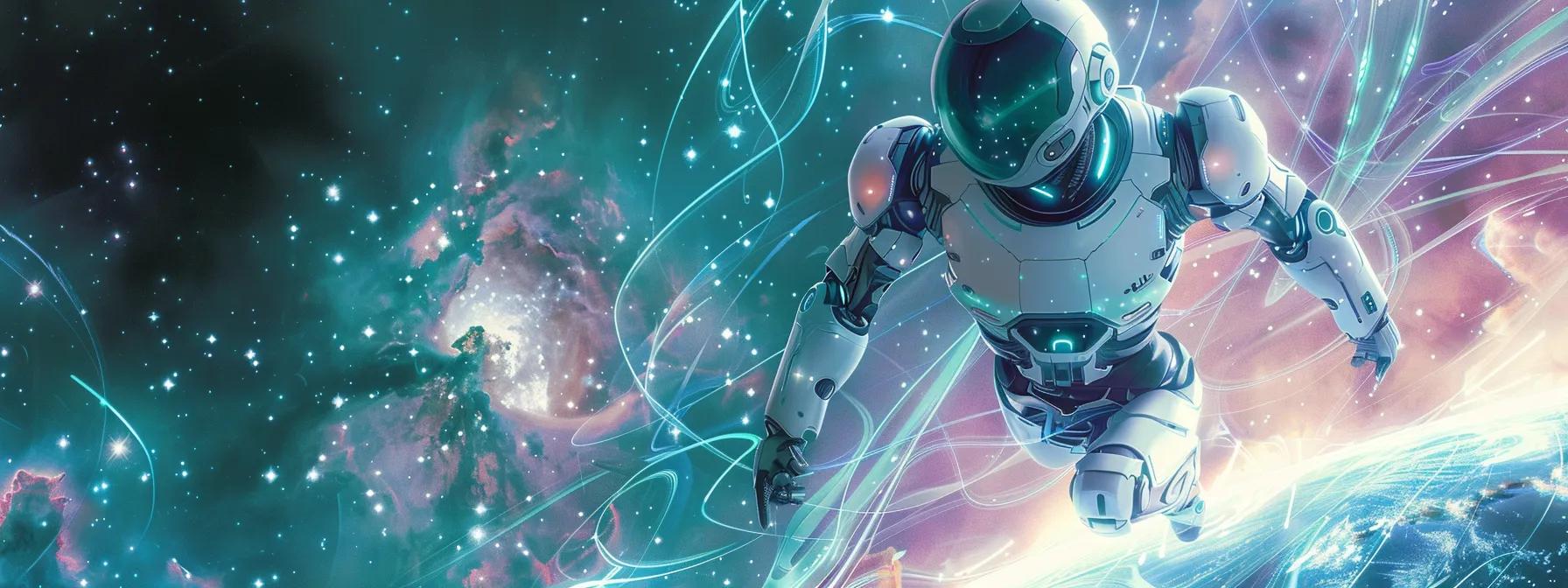 an ultra-realistic ai robot gliding gracefully through a vibrant cosmic expanse, illuminated by swirling data streams and glowing particles in a captivating white and teal color scheme with purple highlights, all set against a backdrop of stars, nebulae, and distant galaxies.