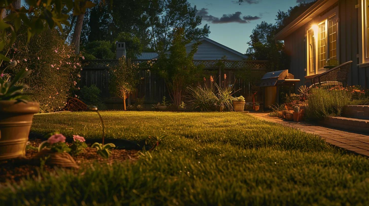 an upscale home lawn with freshly aerated and overseeded patches, showcasing vibrant new grass seedlings amidst carefully placed temporary barriers and gardening tools, under soft artificial lighting in a well-appointed backyard. an upscale home lawn with freshly aerated and overseeded patches, showcasing vibrant new grass seedlings amidst carefully placed temporary barriers and gardening tools, under soft artificial lighting in a well-appointed backyard.