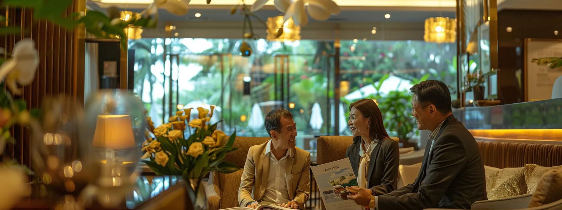 an upscale hotel lobby adorned with elegant décor where a middle-aged couple joyfully consults with a travel advisor, surrounded by brochures showcasing luxury vacation destinations in thailand and the caribbean, illuminated by warm, inviting lighting.
