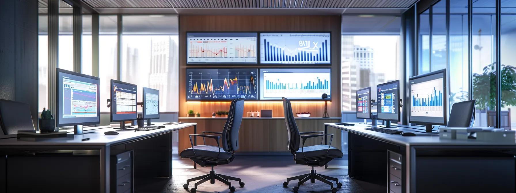 an urban office setting features a sleek, modern workspace with multiple screens displaying solar loan interest rate graphs and financial data, emphasizing the analytical approach to renewable energy investments. an urban office setting features a sleek, modern workspace with multiple screens displaying solar loan interest rate graphs and financial data, emphasizing the analytical approach to renewable energy investments.
