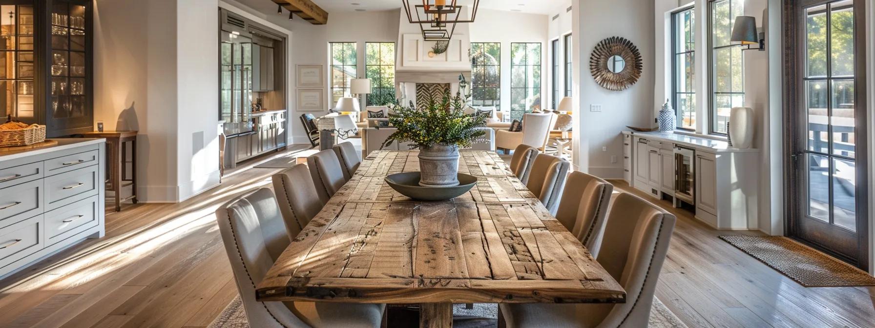 a beautifully appointed modern southern interior showcases a striking handcrafted wooden dining table, surrounded by elegantly designed chairs, highlighting the intricate craftsmanship and unique character that embodies contemporary sophistication. a beautifully appointed modern southern interior showcases a striking handcrafted wooden dining table, surrounded by elegantly designed chairs, highlighting the intricate craftsmanship and unique character that embodies contemporary sophistication.