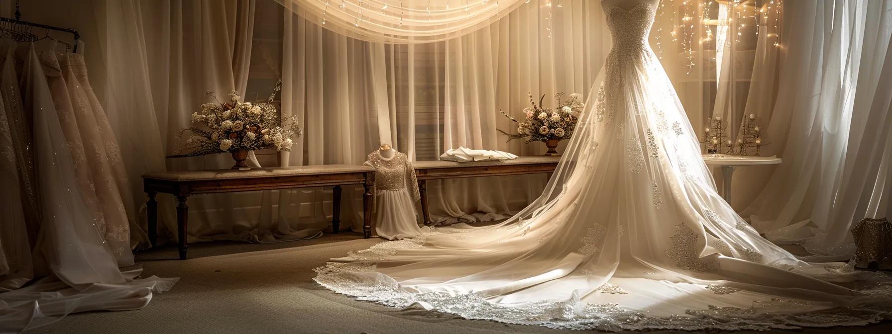 a beautifully arranged bridal scene in an elegantly styled boutique showcases a custom plus size modest wedding dress adorned with delicate accessories, including a shimmering veil and tasteful jewelry displayed against a soft, luxurious backdrop of silk and lace. a beautifully arranged bridal scene in an elegantly styled boutique showcases a custom plus size modest wedding dress adorned with delicate accessories, including a shimmering veil and tasteful jewelry displayed against a soft, luxurious backdrop of silk and lace.