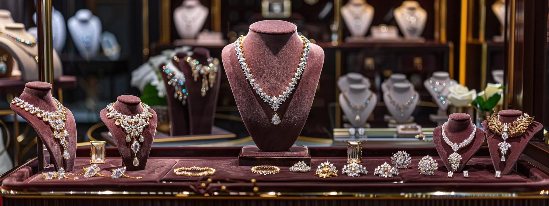 a beautifully arranged display of intricate bridal jewellery sets featuring gold and sterling silver pieces adorned with cubic zirconia, elegantly showcased against a rich velvet backdrop in a sophisticated bridal boutique setting. a beautifully arranged display of intricate bridal jewellery sets featuring gold and sterling silver pieces adorned with cubic zirconia, elegantly showcased against a rich velvet backdrop in a sophisticated bridal boutique setting.