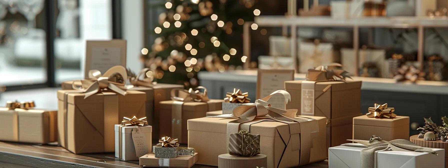 a beautifully arranged display of elegantly packaged christmas rings, featuring luxurious wrapping and personalized tags, set against a chic, modern office backdrop that conveys a sophisticated gifting experience. a beautifully arranged display of elegantly packaged christmas rings, featuring luxurious wrapping and personalized tags, set against a chic, modern office backdrop that conveys a sophisticated gifting experience.