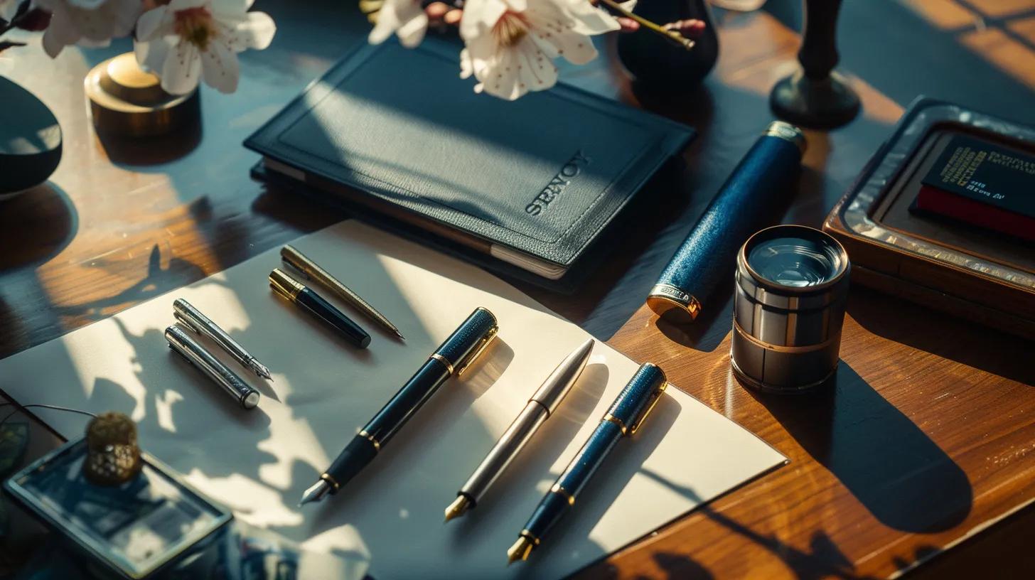 a beautifully arranged flat lay of premium fountain pens and elegant stationery, set against a sunlit coastal backdrop, captures the charm and sophistication of writing as a timeless art form. a beautifully arranged flat lay of premium fountain pens and elegant stationery, set against a sunlit coastal backdrop, captures the charm and sophistication of writing as a timeless art form.