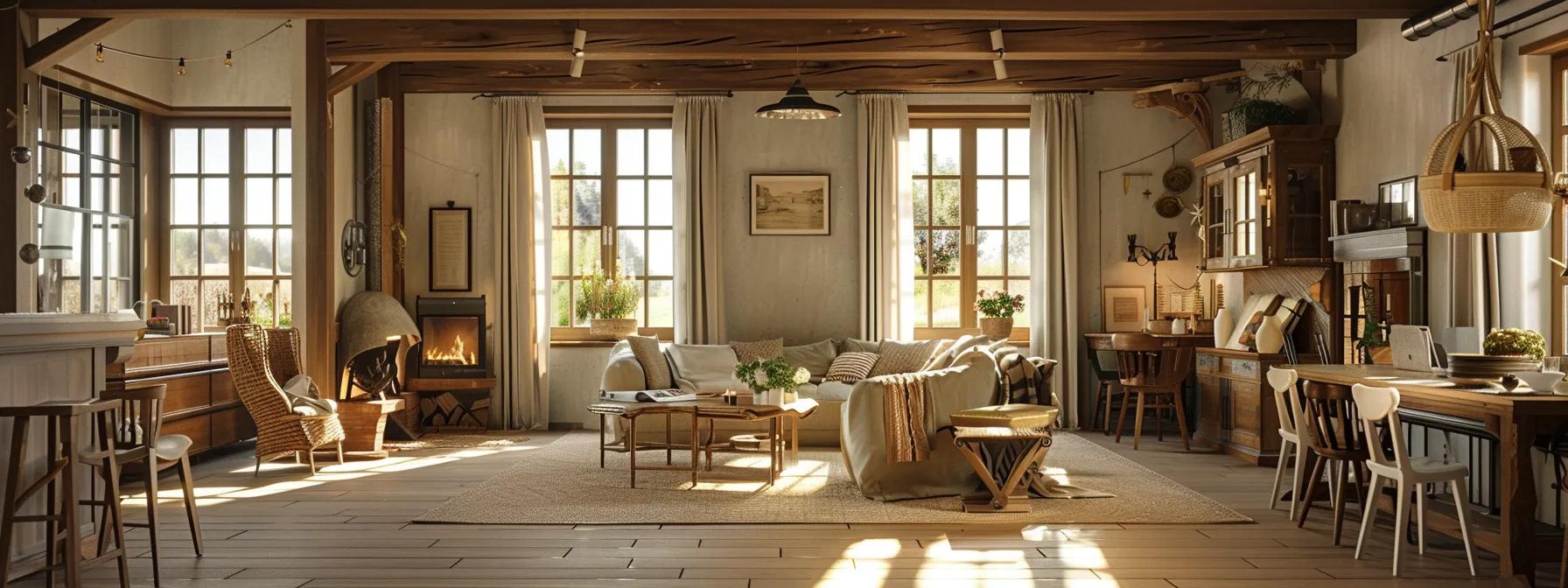 a beautifully arranged indoor living space showcasing a blend of rustic farmhouse furniture and elegant accents, highlighted by warm lighting that emphasizes the handcrafted details and sophisticated design elements.