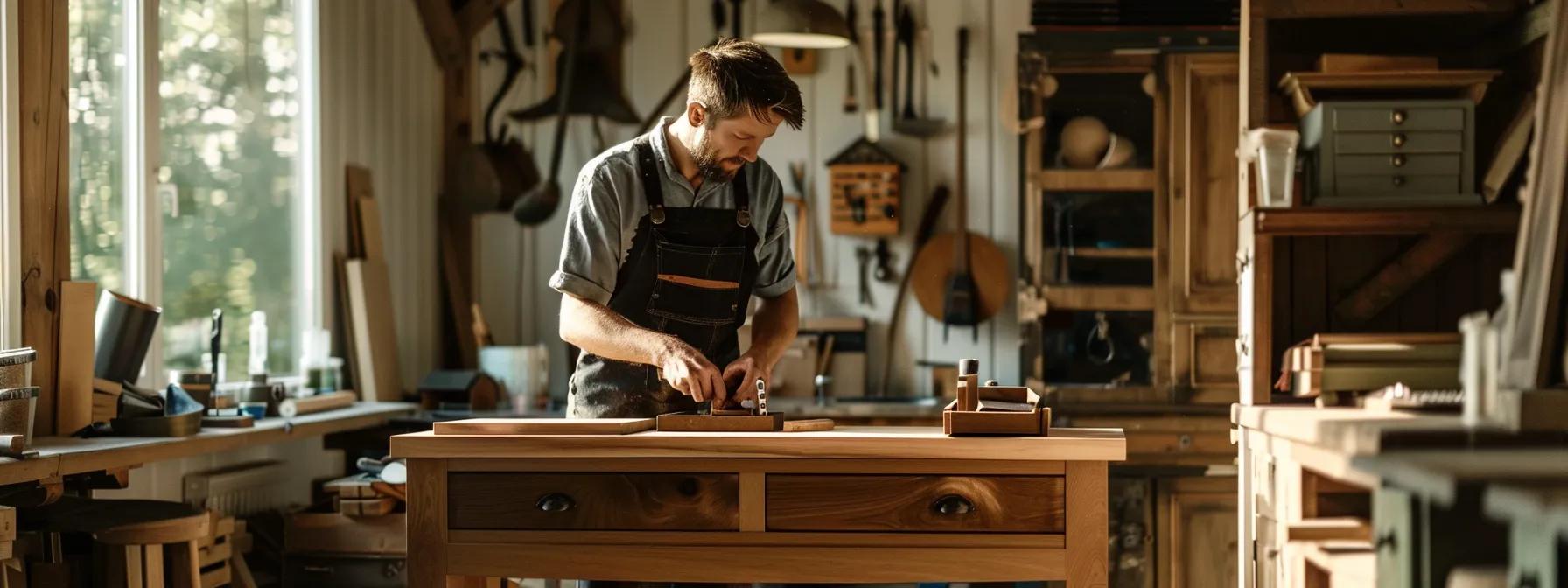 a beautifully arranged indoor workshop showcases a skilled artisan meticulously polishing a stunning piece of handcrafted furniture, emphasizing the craftsmanship and attention to detail in custom home furniture design. a beautifully arranged indoor workshop showcases a skilled artisan meticulously polishing a stunning piece of handcrafted furniture, emphasizing the craftsmanship and attention to detail in custom home furniture design.