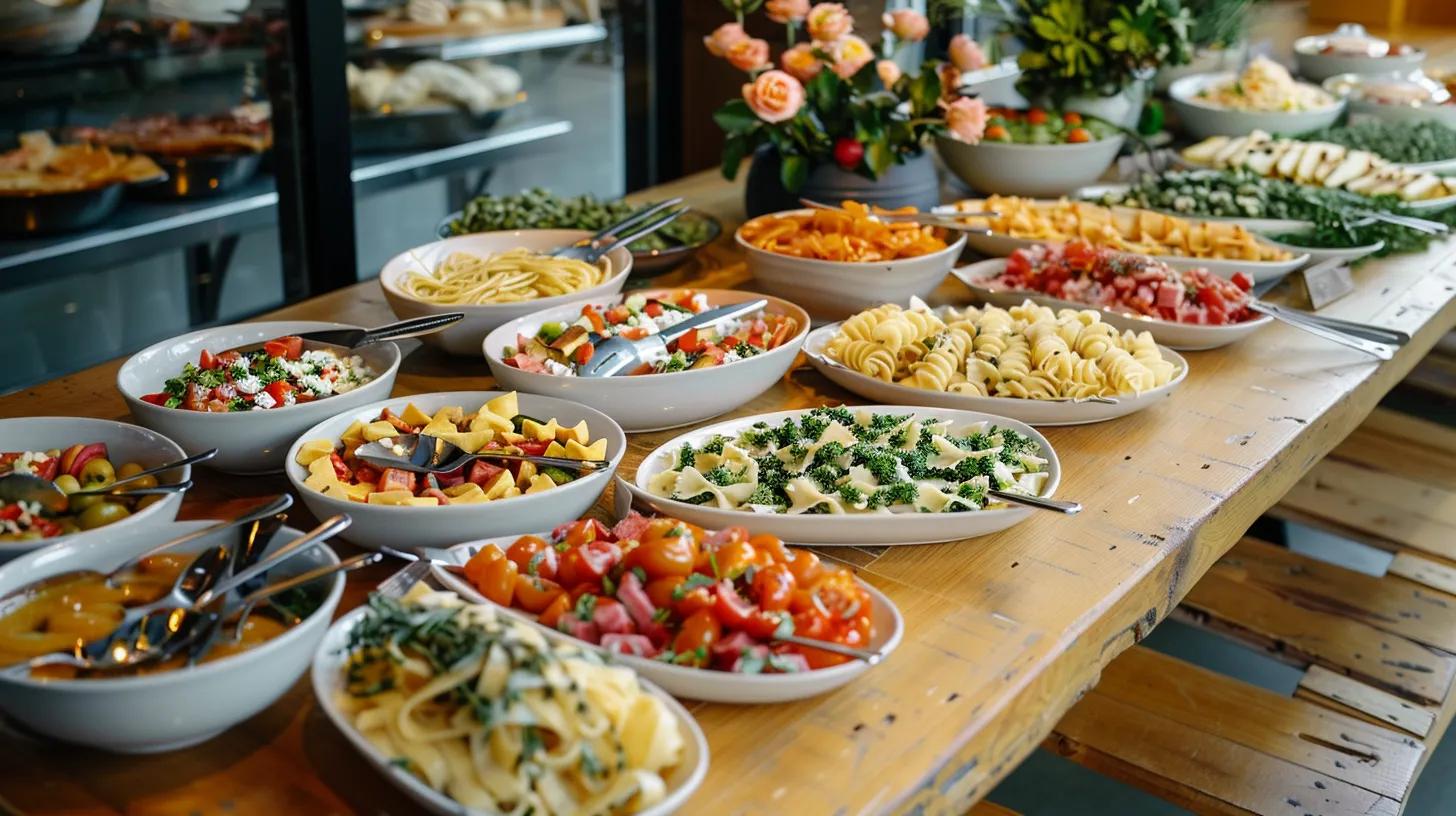 a beautifully arranged italian catering spread showcases vibrant handmade pasta, artisanal cheeses, and rich sauces, all elegantly displayed on a polished wooden table set within a sophisticated urban dining space, reflecting the authenticity and cultural richness of italian cuisine.