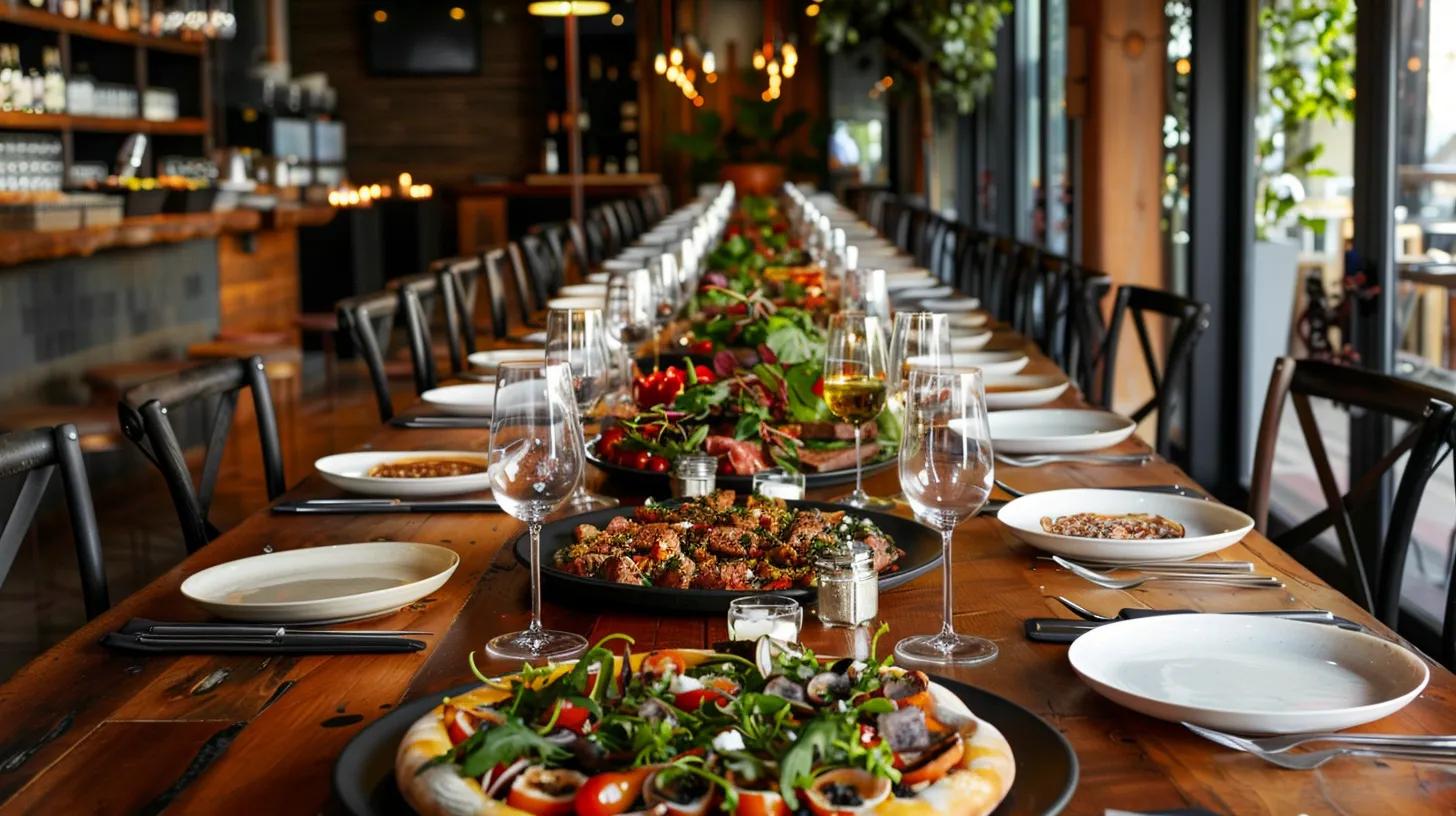 a beautifully arranged long dining table in a modern urban restaurant, adorned with elegant italian dishes and vibrant platters of handmade food, inviting guests to savor the flavors and celebrate togetherness.