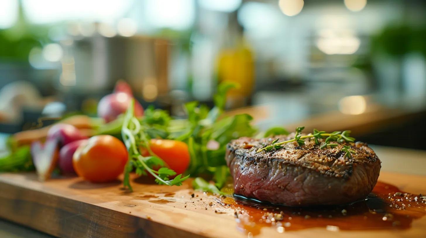 a beautifully arranged, modern kitchen showcases a perfectly seared grass-fed beef steak on a sleek cutting board, surrounded by vibrant, antioxidant-rich vegetables and herbs, under warm, inviting lighting to emphasize the allure of healthy cooking techniques. a beautifully arranged, modern kitchen showcases a perfectly seared grass-fed beef steak on a sleek cutting board, surrounded by vibrant, antioxidant-rich vegetables and herbs, under warm, inviting lighting to emphasize the allure of healthy cooking techniques.